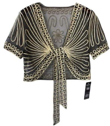 Ladiery Shrug,Women'S Short Sleeve Shrug Summer Crochet Floral Lace Bolero Cardigan Mesh Black Embroidery Jacket Front Tie Elegant Shoulder Jacket See Through Cover-Up For Dresses,Black Gold,Xl