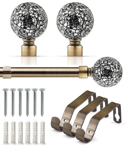 Emma Barclay Extendable Curtain Pole With Finials Brackets & Fittings Sets 16-19mm in Antique Brass Metal Curtain Poles For Eyelet Curtains Rod - Cut Glass Collection 1.6m - 3m Antique Brass