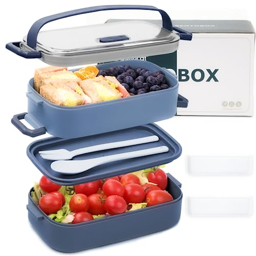 Bugucat Lunchbox 1600ML,2 in 1 Bento Box Brotdose Auslaufsicher Luftdichte Brotzeitbox mit Fächern und Besteckset,Frühstücksbox Jausenbox für Unterwegs,Brotbüchse Vesperdose für Erwachsene Dunkelblau