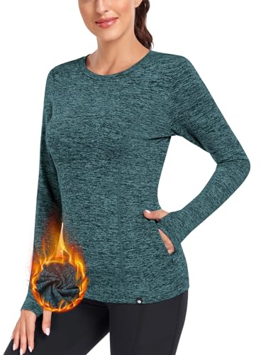 Soneven Fleece Thermo Shirt Damen Langarm mit Zwei Tasche Funktionsshirt Atmungsaktiv Fleece Laufshirt Sportshirts Long Grün XXL