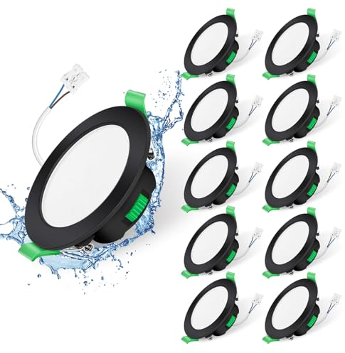 ALUSSO LIGHTING 5.5W LED Einbaustrahler 230V, 68mm Flach Dimmbar IP65 LED Spots Badezimmer Einbauleuchten, Warmweiß 3000K Neutralweiß 4000K Kaltweiß 6500K Deckenstrahler, Rund Schwarz, 10er Set
