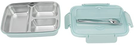 Box - Lonchera portátil de acero inoxidable con 3 compartimentos, a prueba de fugas, con cuchara y palillos para oficina, escuela, campamento (azul)