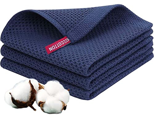 Tibapla Torchons De Cuisine, Lot de 3 torchons de Cuisine en Coton Très Absorbant 34x34cm Antibactérien Torchon Microfibre pour Le Nettoyage et Le séchage Rapide des Assiettes Verres (Bleu foncé)
