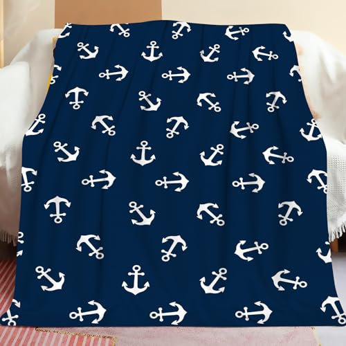 Artteal Nautische Anker-Decke, superweich, gemütlich, Geschenke für Männer, Frauen, Kinder, Jungen, warmes Flanell-Fleece, Ozeanmotiv, Marineblau, leichte Bettdecke für Sofa, 101,6 x 127 cm