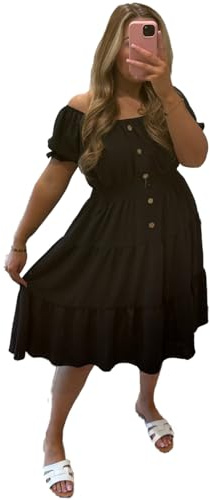 eyes Womens Off Shoulder Midi Dress Bardot Puff Sleeve Tiered Summer Dress Ladies Shirred Waist Button Front Flowy Holiday Dress Casual Beach Wedding Guest Dress UK Plus Size UK 12-24
