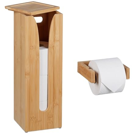 Relaxdays Toilettenpapierhalter Set, Bambus, 4 Rollen, WC-Rollenhalter Wandmontage & Ersatzrollenhalter stehend, natur