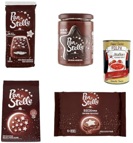 Mulino Bianco Pan di Stelle Testset 4 st. Frühstück Haselnuss Streichfähige Creme, Kekse, Kuchen, Biscocrema + Italian Gourmet polpa 400g