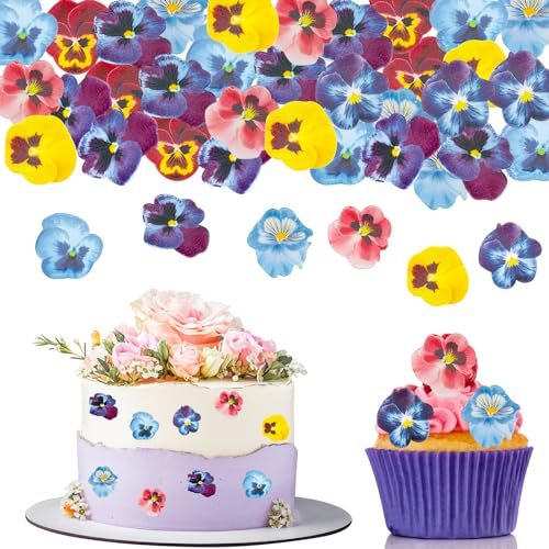 Essbare Tortendeko Blumen, 60 Stk Essbare Blumen für Torte,Bunt Blumen für Tortendeko Essbar,Esspapier Tortendeko Cupcake, Essbare Blüten Kuchen für Hawaii,Dschungel,Hochzeit Geburtstag Babyparty Deko