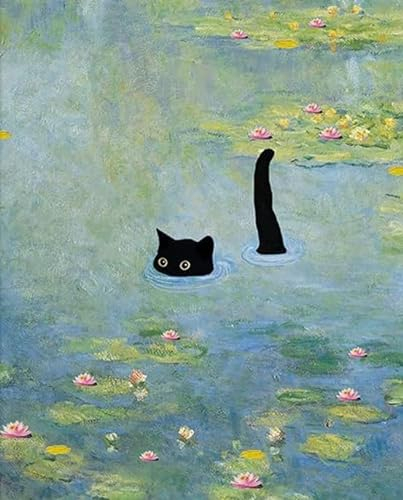 Malen Nach Zahlen Schwarze Katze, Bastelset Gemälde See, Kreativ Set für Erwachsene, DIY Handgemalt Ölgemälde Kit für Anfänger 30X40cm