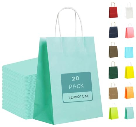 MORAINJAY 20 Stück Geschenktüten mit Henkel,Kraftpapiertüten,15x8x21cm Baby blau Papiertüten für Geschenkverpackung,Gastgeschenke Tüten für Einkaufen,Hochzeiten,Verpackungen,Kindergeburtstag