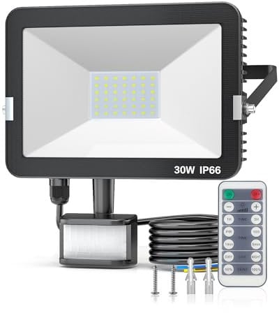 KALAHOL 30W Security Lights Security Lights Outdoor Motion Sensor with IR Remote Control, 3000LM 6500K Cold White Outdoor Lights Mains Powered IP66 Waterproof LED Floodlights for Garden, Backyard