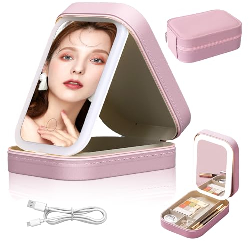GLITZFAS Kosmetiktasche mit Spiegel, Make Up Tasche Schminktasche mit Beleuchtetem Spiegel 3 Farben LED Licht, Tragbar Kosmetikkoffer Schminkkoffer Reise Make-up Organizer mit Trennwänden (Rosa)