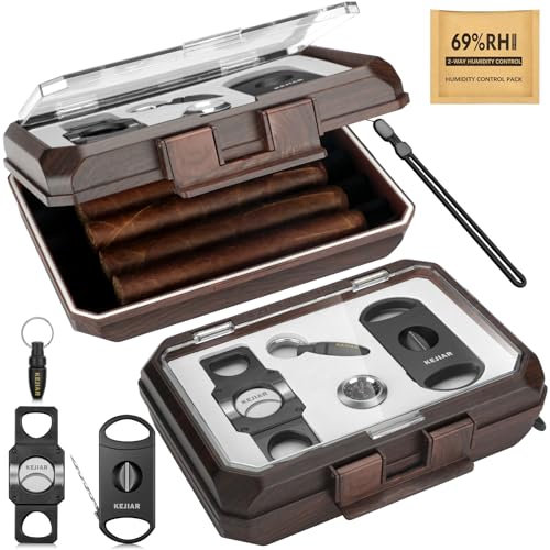 KEJIAR Ensemble d'humidificateur de cigare humidificateur de voyage pour cigares comprend 2 coupe-cigares multifonctionnels, un perforateur à cigares, un pack d'humidité, un hygromètre