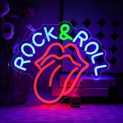 OYCGZV Rock and Roll Neon Light Sign - Red Lips Tongue Neon Sign for Wall Decor Rock Music Neon Wall Light USB Led Sign for Live Music Bar Bedroom Concert Hall Recording Room Studio Party Home Club