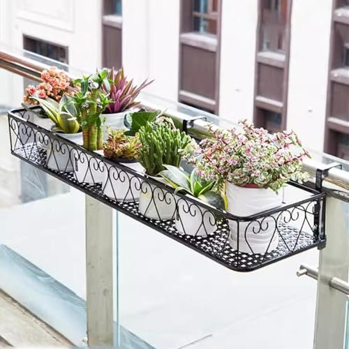 Fioriera sospesa con gancio da 6 cm e accessori a vite, in ferro nero, contenitore per piante da balcone, per davanzale della finestra, guardrail in vaso (nero, 25 x 60 x 12 cm