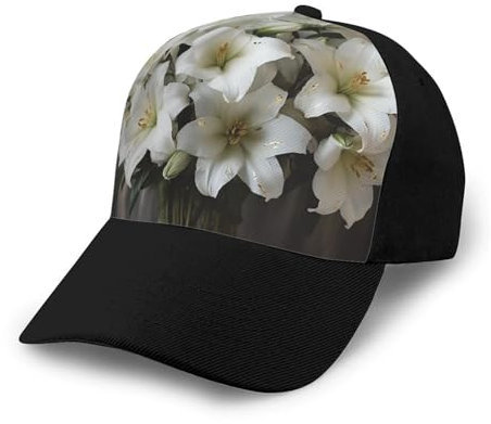 MAYLOVELY Baseballkappe, Motiv: weiße Lilie, gebogener Rand, Sonnenblende, Angelkappe, Baseballkappe, tägliches Tragen, Schwarz , Einheitsgröße