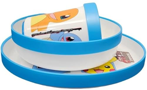 Ensemble de vaisselle réutilisable pour enfants bicolore - Set composé de 3 pièces : assiette, bol et verre pour enfants et bébé avec base antidérapante - Sans BPA (POKEMON)