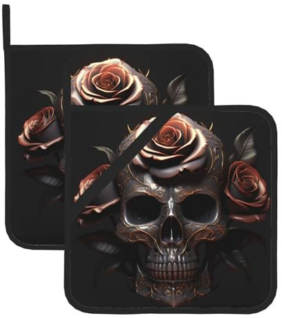 WHJYYXDE Set di 2 presine da cucina, 20,3 x 20,3 cm, isolamento termico, tessuto impermeabile, stampa con teschio nero e rosa