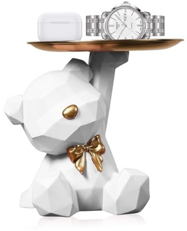 Kayuneed Bär Skulptur mit Tablett, Bären Tablett Deko, Harz Tier Skulptur Deko, Schlüssel Schale Schmuck Aufbewahrungsbox für Wohnzimmer, Eingangsbereich, Büro, Schreibtischdekoration(Weiß)