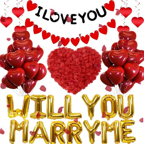 Luftballons mit Aufschrift Will You Marry Me, 545 Stück, romantisches Dekorationsset, goldener Buchstaben-Ballon, I Love You, Banner, Herz, hängende Wirbel-Rosenblätter für Valentinstag,