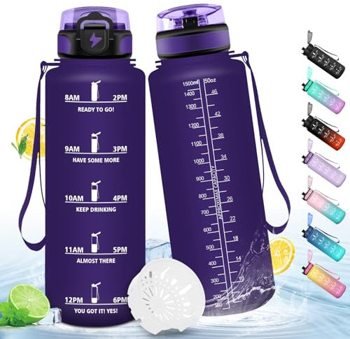 HoneyHolly Trinkflasche 1.5L, Trinkflasche Sport, mit Zeitmarkierung, Wasserflasche, Auslaufsicher, Sportflasche, Trinkflaschen, Trinkflasche Kohlensäure Geeignet für Wandern, Laufen, Radfahren
