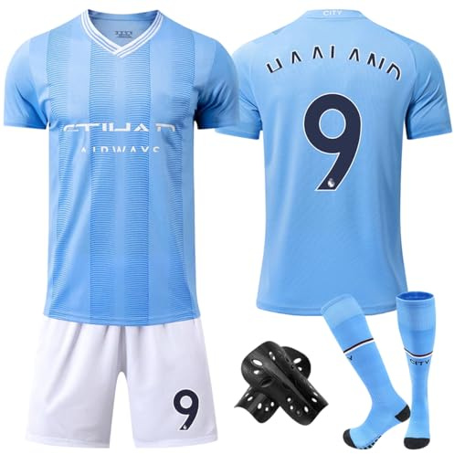 AYEUPZ Fußballtrikot für Kinder,Nr.9 Kinder Fußball Trikot Set,Fußballtrikot mit Fussball T-Shirt Shorts Socken und Knieschoner,23/24 Neues Fussball Trikot (9#, 26(10-11 Jahren))