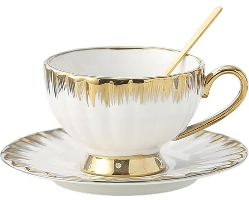 Huiyiwert Porzellan Kaffeetasse Set Europäische Cappuccinotasse mit Untertasse 220ml Espressotasse mit Goldrand Espressotasse Mokkatasse Teetasse Kaffeeservice Set (Gold)
