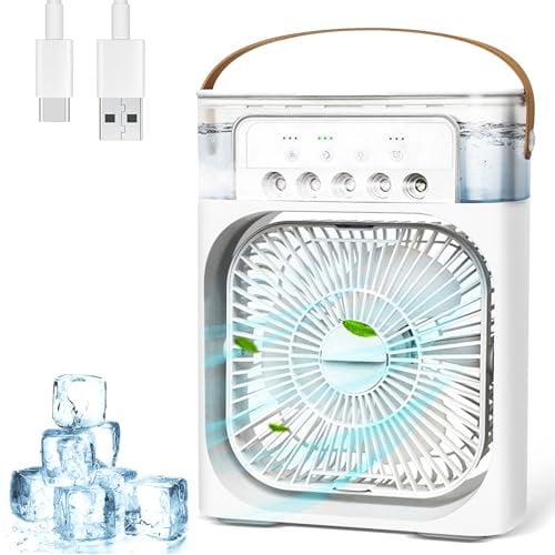 Anluomania Mobile Klimaanlage, Mini Luftkühler mit 600ml Wassetank, Ventilator USB 4 in 1, Mobile Klimagerät 3 Geschwindigkeiten, 3 Nebelmodi, Mini Klimaanlage mit 7 Farben Licht, 1-3H Timer