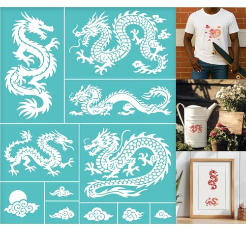 GOMAKERER 2 Blatt Siebdruckschablone Mit Chinesischem Drachen Malschablonen Mit Dem Östlichen Drachen Der Glückverheißenden Wolke Wiederverwendbar Selbstklebend Siebdruck Für Wand Holz Stoff Deko
