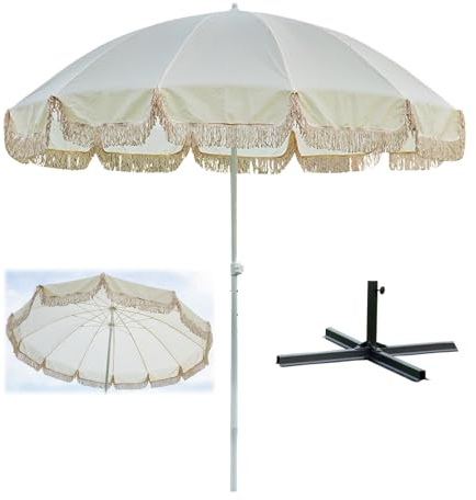 GYYDXXFC Large Cream White Outdoor Patio Umbrella With Fringe, Adjustable Height Sunshade With Cross Base, Perfect For Garden, Beach, Poolside