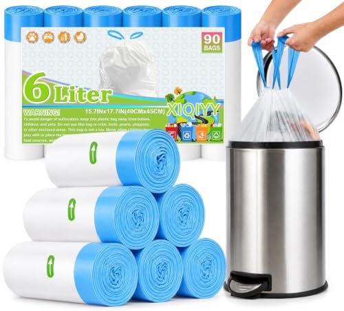 XIQIYY 6L Small Bin Bags for Bathroom, Office & Living Room, White 90 Count | Strong Pedal Bin Liners with Drawstring Handles, Leak-Proof Waste Bags for Hassle-Free Household Use