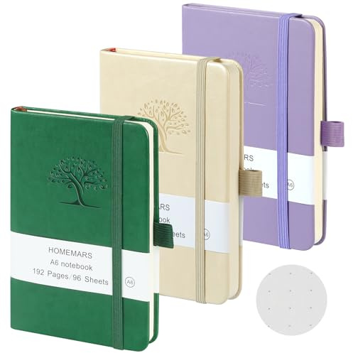 HOMEMARS Notizbuch A6, 3 Stück Notizbücher Set, Bullet Dotted Journal, 14.4cm x 9.6cm Notizblock, Lila, Weiß, Grün, Dotted, 192 Seiten, Notizheft, Notizblock, Notizbuch Leder, Prägebaum Design