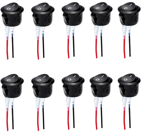 MejaRizon 10 Stück Kippschalter mit Draht 15cm, Runder Selbstsichernder, 12V/10A/230V 2-Polig EIN/AUS Rund Schalter für Auto, Wohnmobil, Motorrad & Haushaltsgeräte (Schwarz)