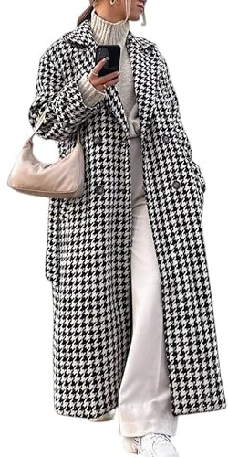 LIUYUYOUGO Trench Mujer Gabardina De Pata De Gallo Para Mujer Abrigo Largo De Lana Con Doble Botonadura Largo Completo Cuello Con Muescas Abrigo De Cuadros De Pata De Gallo Con Cinturón