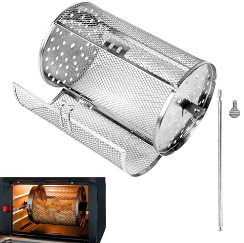 Rotating Grill Basket - Stainless Steel Air Fryer Basket for Camping | Round Coffee Roaster Baskets, Chip Baskets for Grills, Nuts, Beans, BBQ