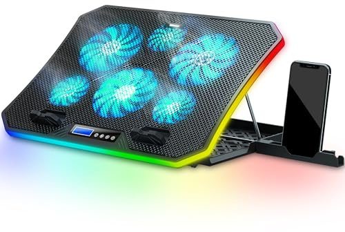 TopMate C12 Laptop Cooling Pad RGB Gaming Notebook Cooler for Desk and Lap Use, Laptop Fan Stand 8 Adjustable Heights with 6 Quiet Fans and Phone Holder, for 15.6-17.3 Inch Laptops -Ice Blue LED Light