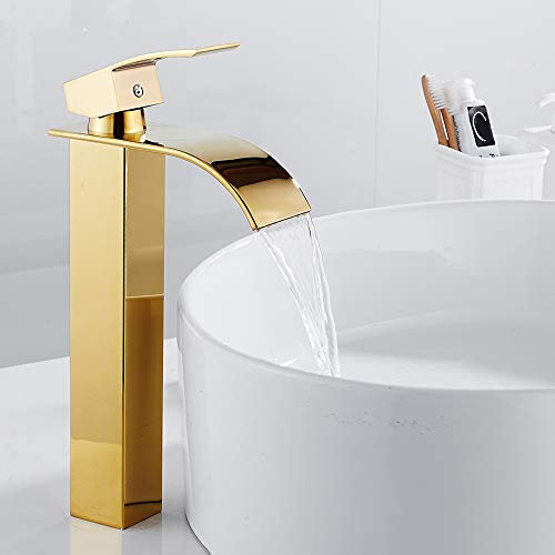 Rubinetto da Bagno per Lavandino a Cascata Miscelatore per Lavabo Rubinetto Alto da Appoggio Moderno in Ottone (Oro)
