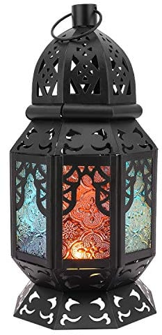 Lewondr Candelero Marruecos Colorido, Lámpara de Vidrio Colorida Estilo Marruecos con Base Fuerte, Lámpara Colgante Linterna de Viento para Decoración Ramadan, Dormitorio, Salón, Talla Pequeño, Negro