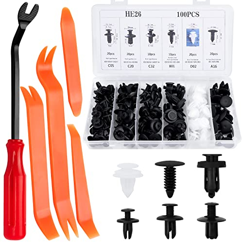 JatilEr 100 Stück Befestigungsclips Auto Clips, Universal Karosserie Kunststoffnieten Befestigungssatz, 6 Arten Türverkleidung Klammern Stoßstangen + 4 Lösewerkzeug Zierleistenkeile + 1 Hebelwerkzeug