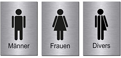 3er Set-Männlich-Weiblich-Divers-Toilette-Dritte Geschlecht-Toilettenschild-150 x 100 x 3 mm-Schild-Designschild-Aluminium-Edelstahloptik-Hinweisschild (1905-49-50-109 mit Klebepads)