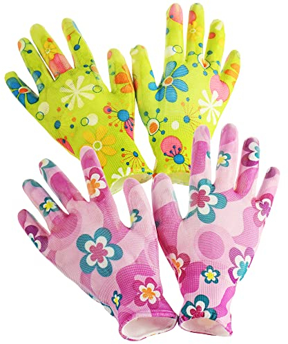 com-four® 2er Set Premium Handschuhe Garten und Arbeit für Damen - Blumenmotiv, aus Latex, Antirutschbeschichtung, Größe S (02 Paar - lila/grün - Größe S)