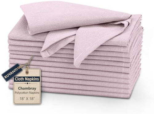 Ruvanti Cloth Napkins Set of 12, 18x18 Reusable Napkins Cloth Washable, Soft & Durable Table Napkin, Poly Cotton Fabric Dinner Napkins for Parties, Christmas, Thanksgiving, Weddings - Pink