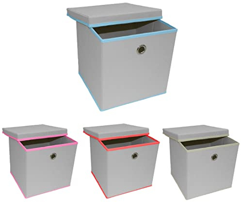 A406 Set of 3 Grey storage Cube with Lid Fabric Storage Boxes with Lid Collapsible Storage Cube for Homes & Offices (Grey/Blue)