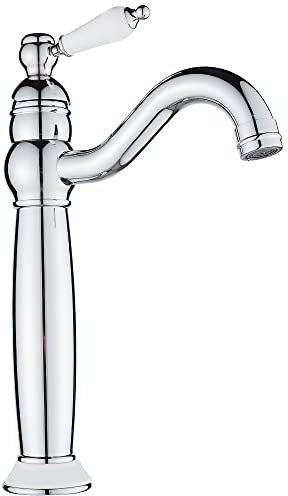 Maynosi Bathroom Basin Mixer Taps, High Rise Basin Tap for Countertop Basin, Traditional Tall Faucet with Ceramic Lever, Cloakroom Classic Tap, 360° Swivel Spout, Retro Style, Brass, Polished Chrome