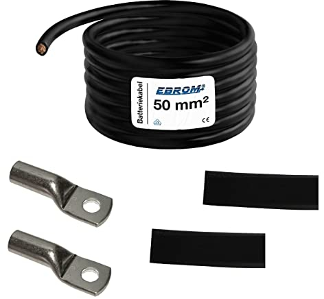 EBROM Batteriekabel „DIY SET MASSEKABEL SCHWARZ - 50 mm² von 30 cm bis 10 Meter, Ringösen Kabelschuhe M6/M8/M10/M12 kombinierbar, Ihre Auswahl: Vollkupfer Kabel 50 mm2, 200 cm Kabelschuh 2 x M8