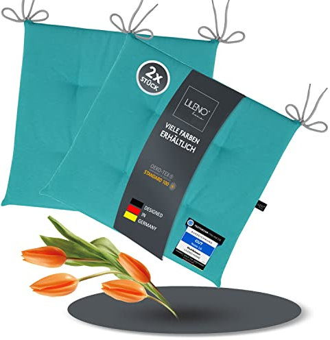 LILENO HOME 2er Set Stuhlkissen Aqua (40x40x4,5 cm) - Sitzkissen für Gartenstuhl, Küche oder Esszimmerstuhl - UV-beständige Indoor u. Outdoor Stuhlauflage als Stuhl Kissen (Laura FUM)