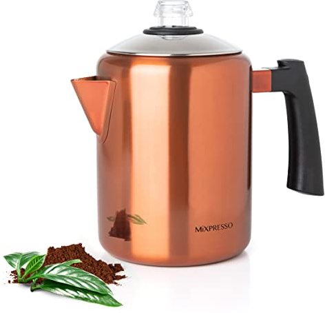 Mixpresso Copper Stainless Steel Coffee Percolator Stovetop, 37oz Classic Percolator Coffee Pot, Excellent For Camping Pot, 5-8 Cup Stove Top Coffee Maker, Cool-Touch Handle