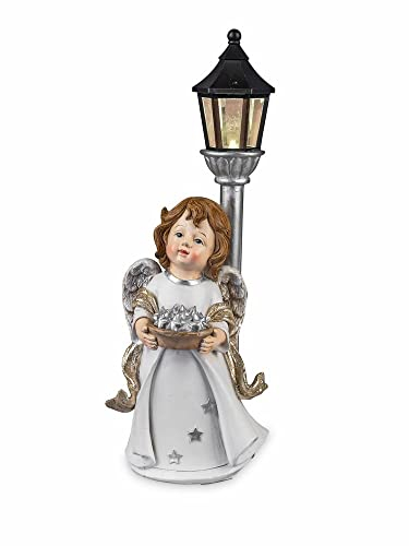 formano Deko Engel aus Kunststein mit Laterne und LED-Licht und Timer, 35 cm, weiß-Silber-Gold