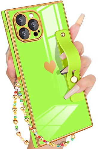 Petitian for iPhone 12 Pro Square CaseLoopy Stand/Strap, Luxury Cute Women Girls Heart Electroplated Designer Squared Edge Phone Cases for 12 Pro, Green