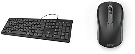 Hama Tastatur mit Kabel (kabelgebundene Tastatur, Wired Keyboard für PC, Notebook, Laptop mit USB A Anschluss, KC-200) Schwarz & kabellose Maus für Links- und Rechtshänder schwarz